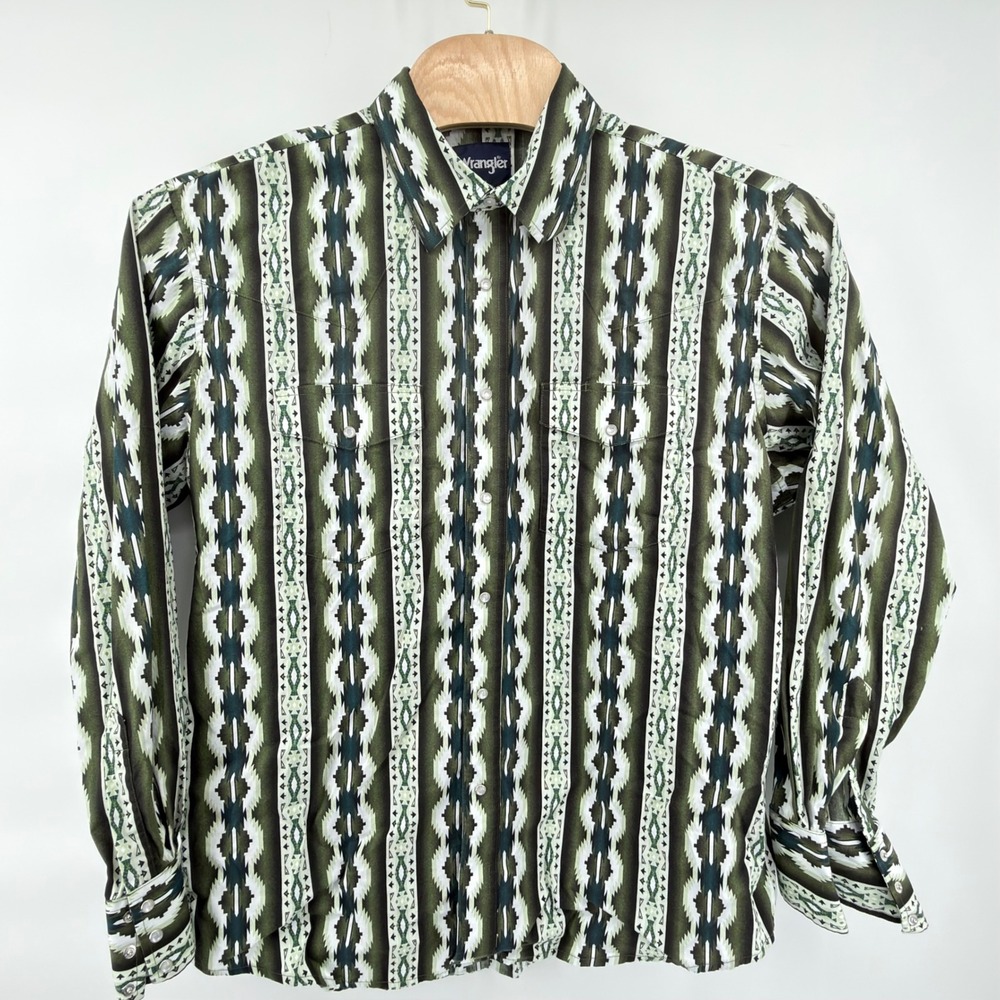 Wrangler Western Shirt Mens XL Green White Black Geometric Stripe Pearl Snap